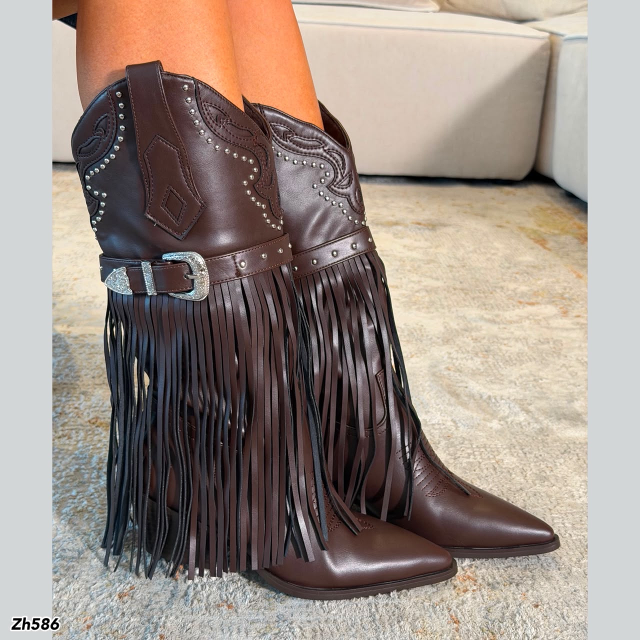 Bota texana café apliques plateado detalle flecos tacon 6cm HX3325-C1787